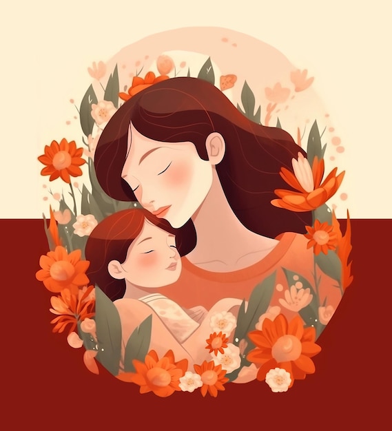 Foto ilustración de una madre abrazando a su hijo flores brillantes en el fondo mother039s love