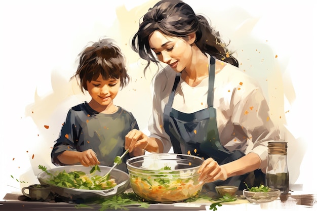 Ilustración de una madre cocinando con su hijo en un fondo claro