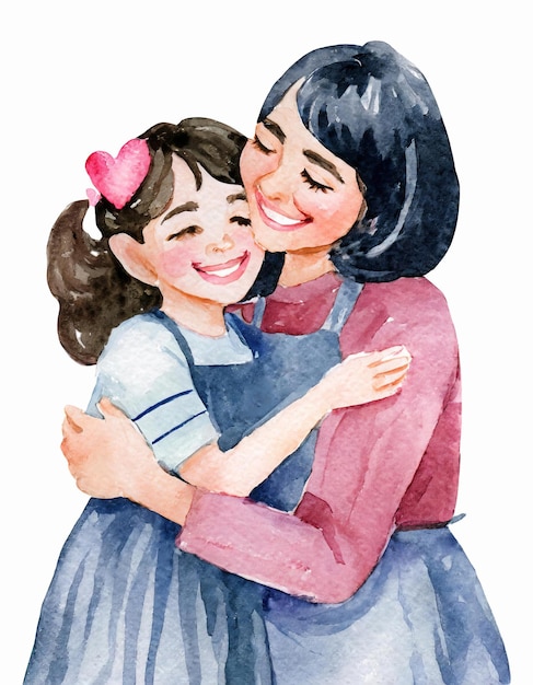 Foto ilustración madre e hija se abrazan estilo de arte de acuarela