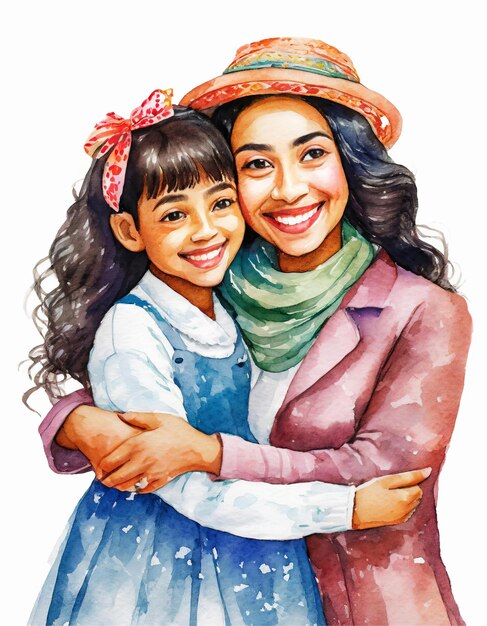 Ilustración madre e hija se abrazan estilo de arte de acuarela