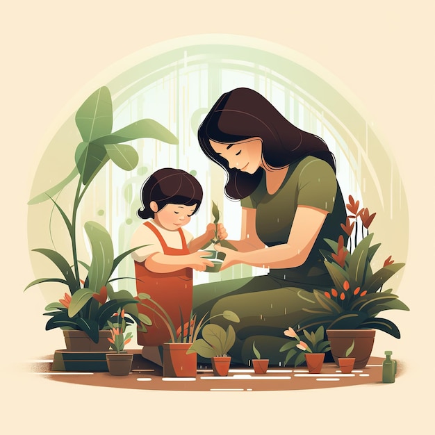 Foto la ilustración de la madre jardinera cuida al bebé en casa.