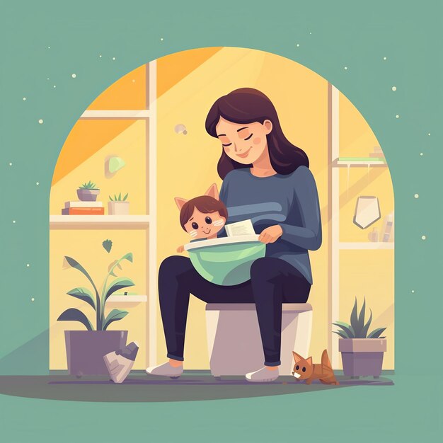 La ilustración de una madre que aprende a ir al baño cuida al bebé en casa