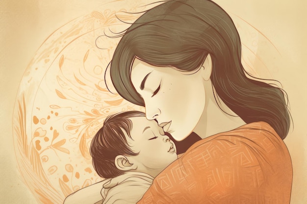 Ilustración de una madre sosteniendo a su bebé en los brazos el día de la madre