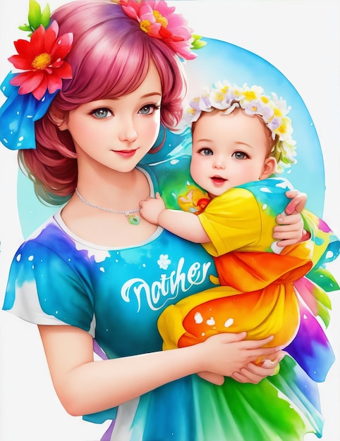 Foto ilustración de una madre sosteniendo a su bebé con ia generativa de espectro de flores