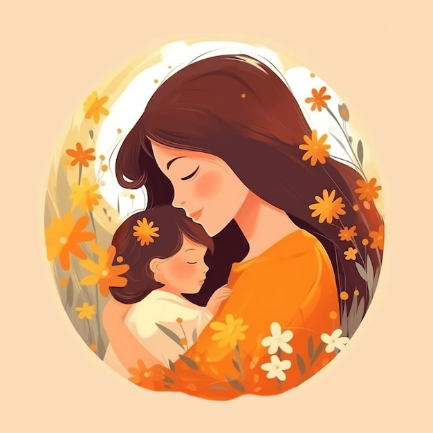 Ilustración de madre sosteniendo a su hijo con flores en el fondo