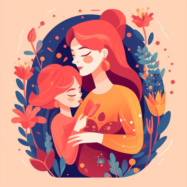 Ilustración de una madre y su hijo abrazados en un marco floral generativo ai