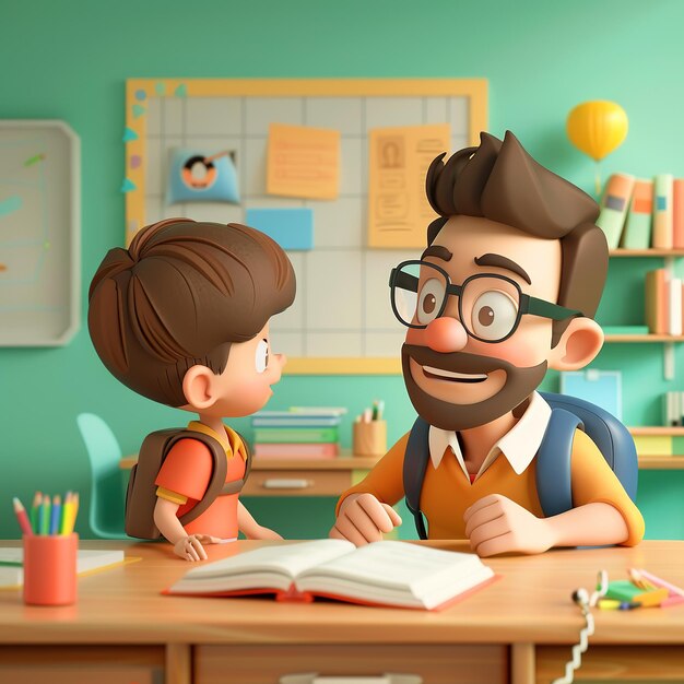 Ilustración de un maestro con un estudiante en el aula