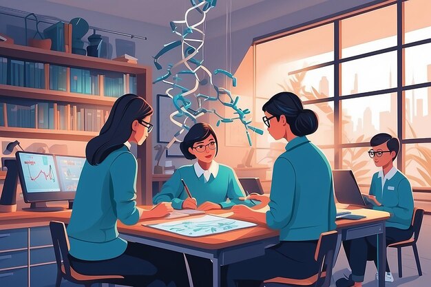 una ilustración de un maestro y estudiantes explorando las posibilidades de la tecnología CRISPR en el vector de modificación genética ilustración en estilo plano