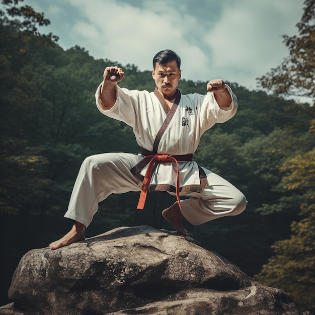 ilustración del maestro de taekwondo está practicando en el monte profundo