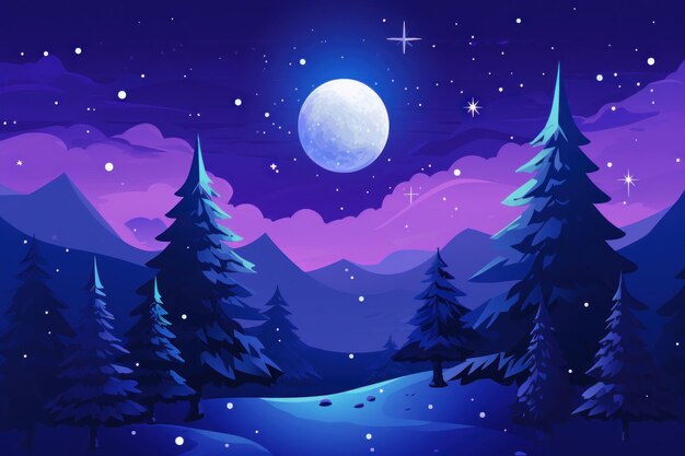 Ilustración mágica y etérea del paisaje nocturno de invierno El cielo es azul profundo con púrpura y rosa