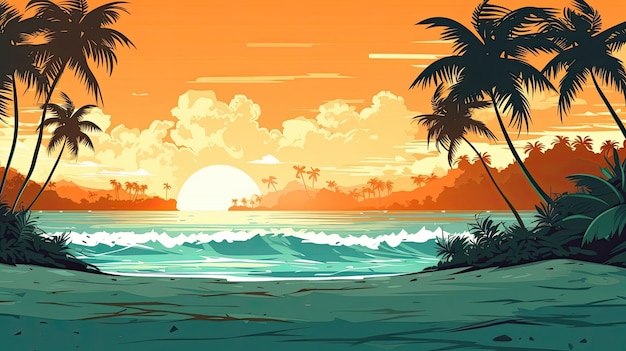 Ilustración mágica de un paisaje de playa tropical