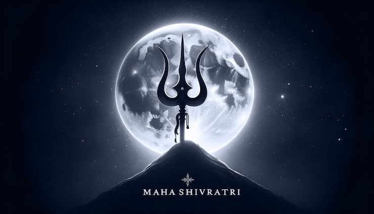 Foto ilustración para maha shivratri con un símbolo de tridente del señor shiva contra una luna llena