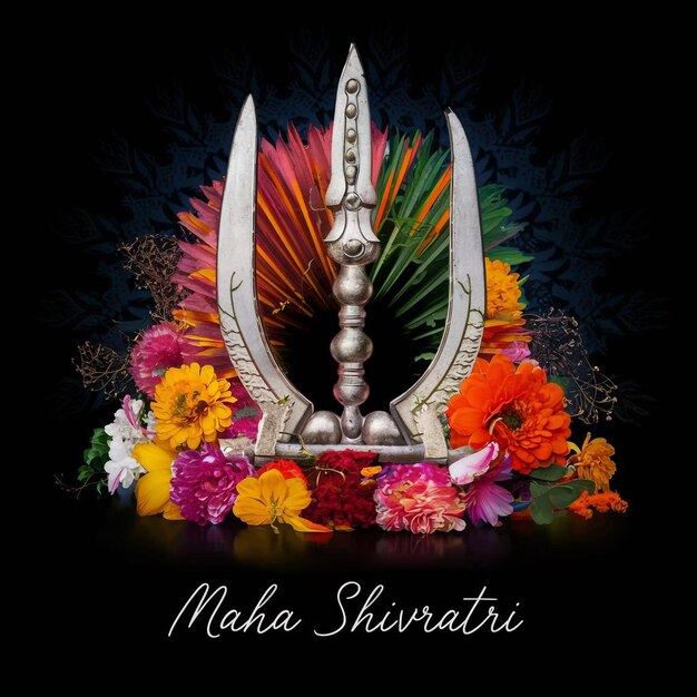 Ilustración de Maha Shivratri de trishul damru y flores con fondo negro en el puesto de Shivaratri