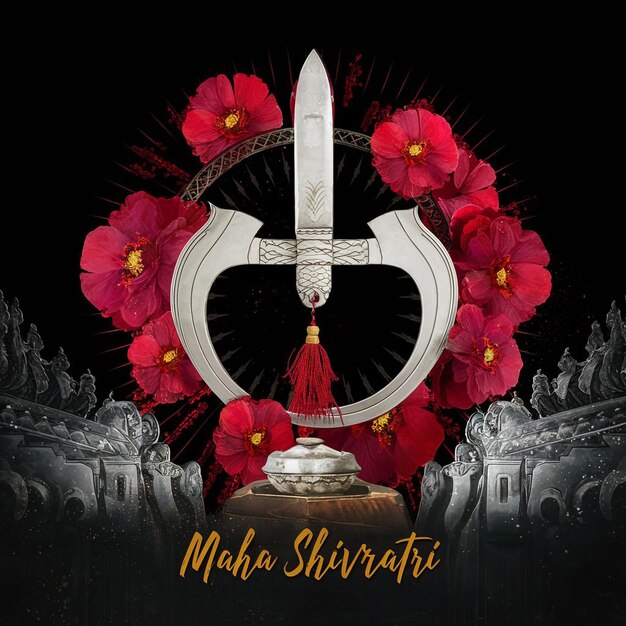 Ilustración de Maha Shivratri de trishul damru y flores con fondo negro en el puesto de Shivaratri