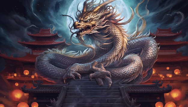 Foto ilustración de un majestuoso dragón chino enrollado alrededor de un antiguo templo