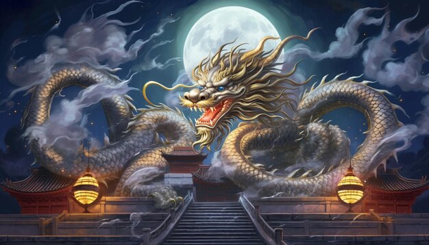 Ilustración de un majestuoso dragón chino enrollado alrededor de un antiguo templo