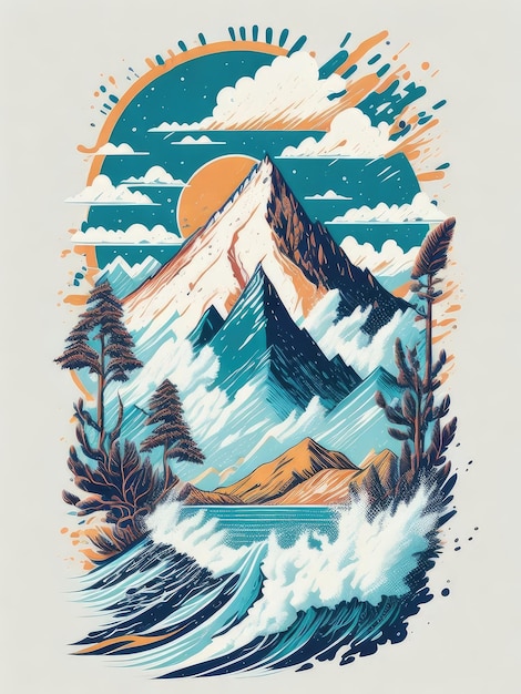 Ilustración de un majestuoso paisaje montañoso con árboles vibrantes en primer plano