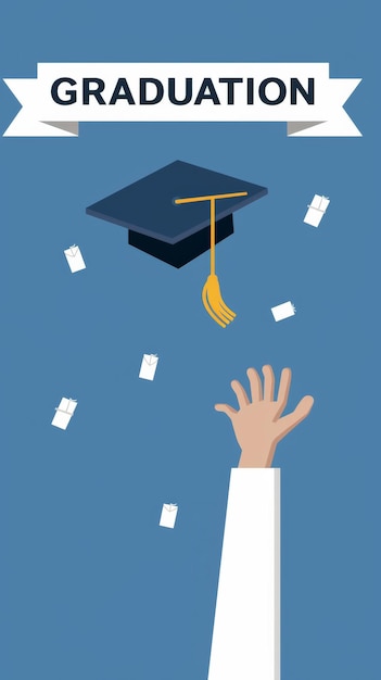 Ilustración de una mano alcanzando una gorra de graduación con fondo azul