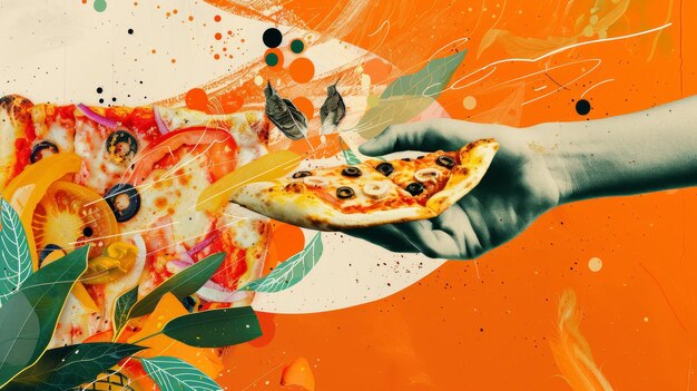 Una ilustración con la mano alcanzando la pizza en un fondo naranja ruidoso Collaje de medio tono con garabates coloridos Bandeira moderna