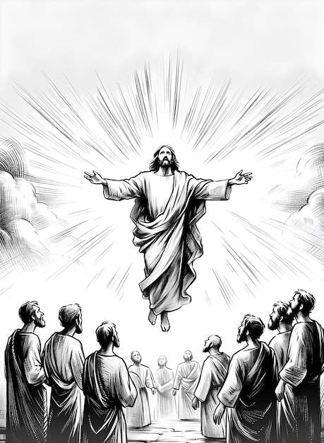 Ilustración a mano en blanco y negro del día de la ascensión de Jesucristo