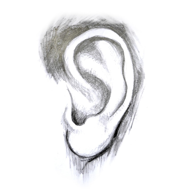 Foto ilustración de la mano oído aislado en fondo blanco