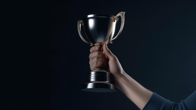 Ilustración de la mano que sostiene la competitividad del trofeo y el concepto de victoria IA generativa