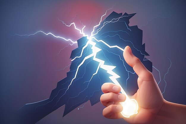 Foto ilustración de la mano que sostiene un poderoso relámpago eléctrico