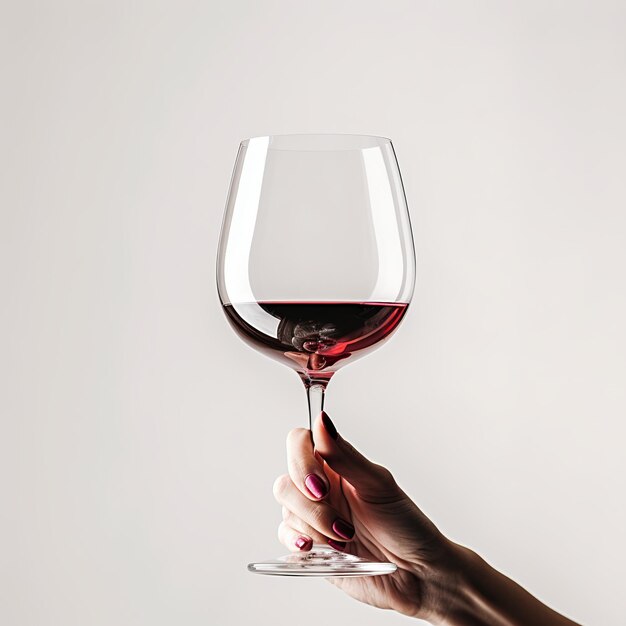 Foto ilustración de una mano sosteniendo un vaso de vino sobre un fondo blanco