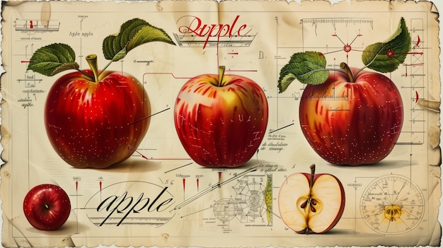 Ilustración de la manzana al estilo de un viejo libro de ciencia con infografías