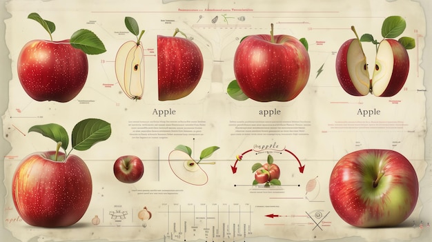 Foto ilustración de la manzana al estilo de un viejo libro de ciencia con infografías
