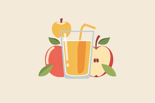 Ilustración de manzana roja brillante con hojas en fondo amarillo Caricatura de manzana linda y minimalista