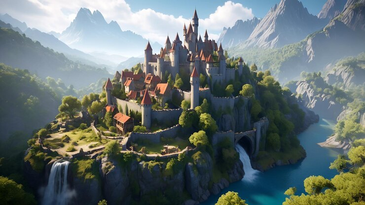 Ilustración de un mapa en 3D de un antiguo mundo de fantasía