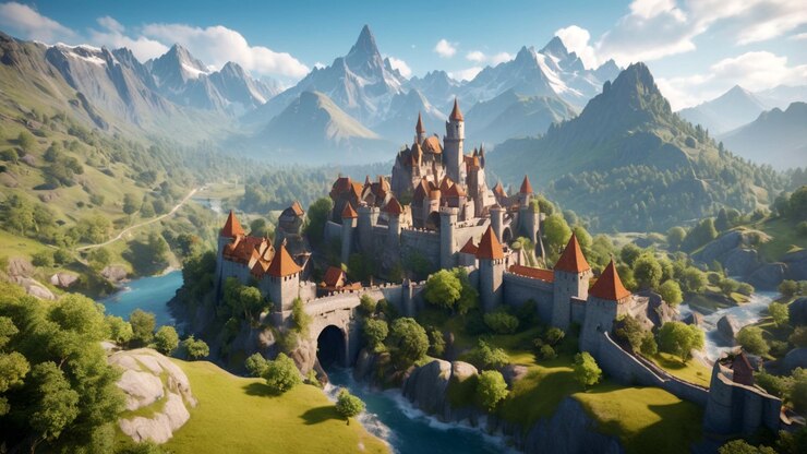 Ilustración de un mapa en 3D de un antiguo mundo de fantasía
