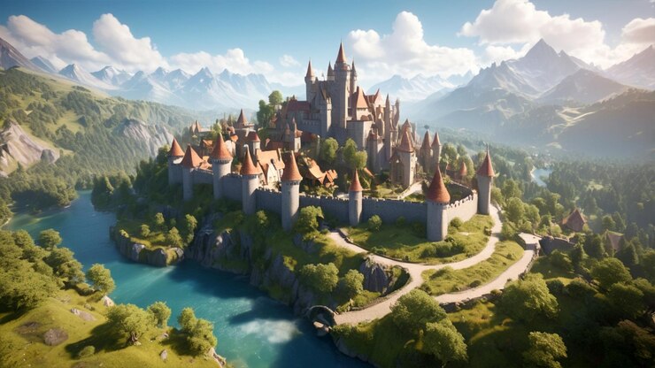 Ilustración de un mapa en 3D de un antiguo mundo de fantasía