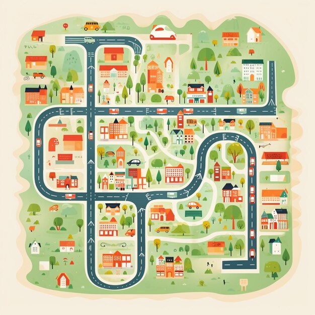 Foto ilustración de un mapa de una ciudad con carreteras y casas generativo ai