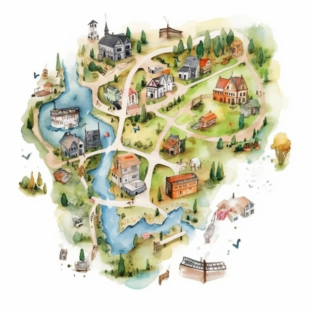 ilustración de un mapa de una ciudad con un río y un puente ai generativo