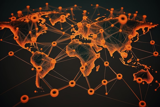 Foto ilustración de mapa global con contactos de red fondo naranja ia generativa