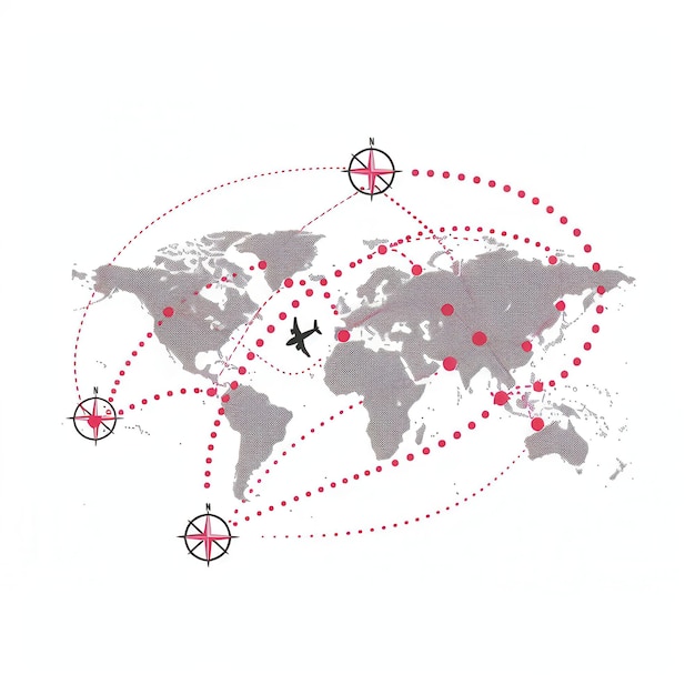 Ilustración de mapa del mundo minimalista con rutas resaltadas que conectan ciudades y continentes un pequeño icono de avión que simboliza los viajes y conexiones globales IA generativa