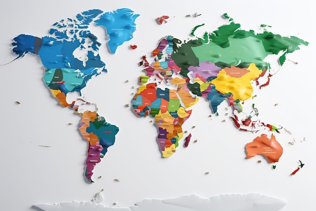 Foto ilustración de un mapa con los nombres de los continentes y los países