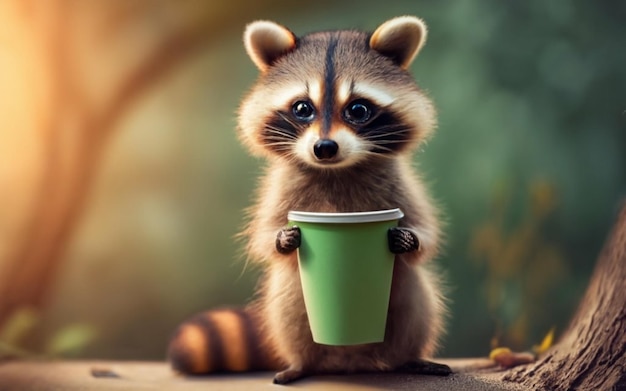 Ilustración de mapache sosteniendo una taza verde en el bosque