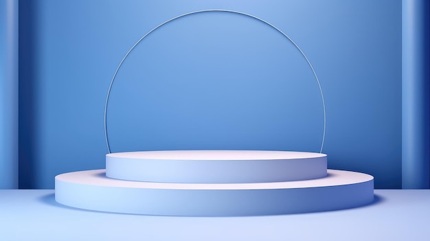 Ilustración de maqueta geométrica de podio para la presentación de productos en un fondo azul Diseño de escenario 3D minimalista
