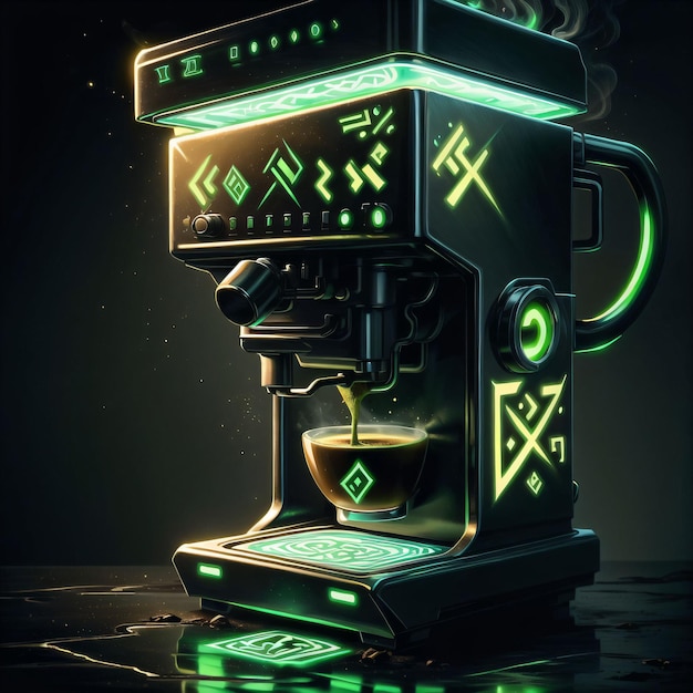 ilustración de una máquina de café con runas verdes brillantes