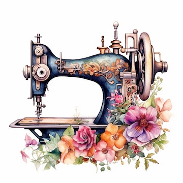 Ilustración de máquina de coser antigua con flores en acuarela sobre fondo  blanco ai generativo
