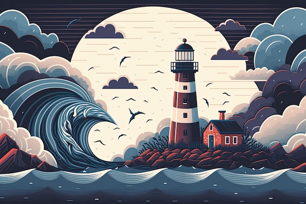 La ilustración de un mar azul agita un faro y nubes