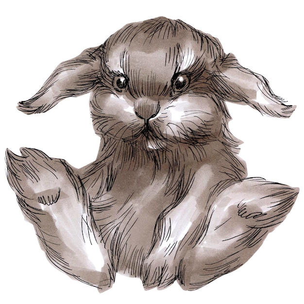 Ilustración de marcador de boceto dibujado a mano de lindo retrato de conejo sonriente aislado en blanco