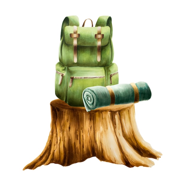 Ilustración de marcador de senderismo y camping mochila enrollada manta y saco de dormir en un tallo de madera