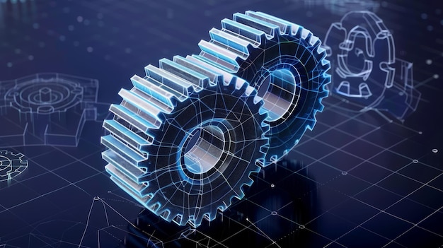 Ilustración en marco de alambre de un engranaje sobre un fondo azul oscuro Símbolo de ingeniería de máquinas de tecnología mecánica Ilustración del plan de negocios de trabajo de desarrollo de motores del proyecto