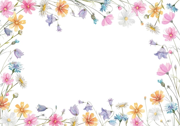 Ilustración de marco de flores silvestres dibujadas a mano en acuarela Composición floral linda aislada en blanco