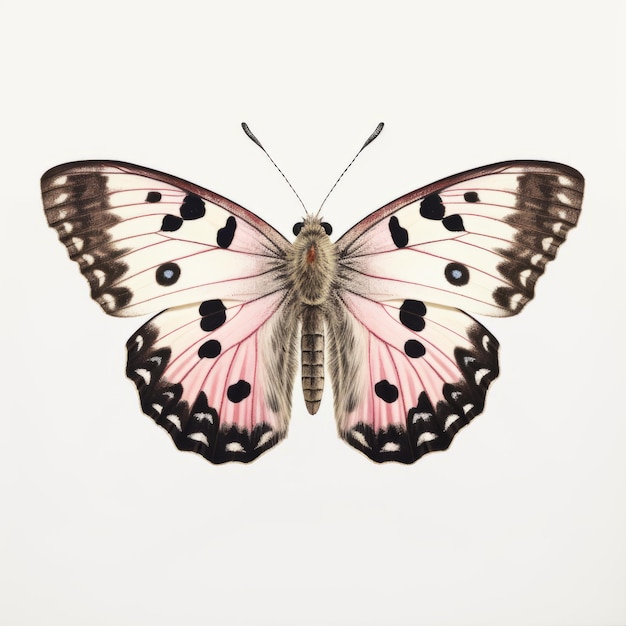 Ilustración de mariposa de madera moteada rosa y negra sobre fondo blanco