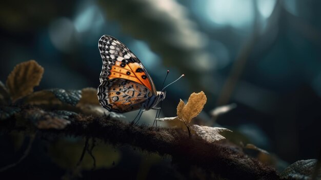 Ilustración de una mariposa posada en una rama de un árbol